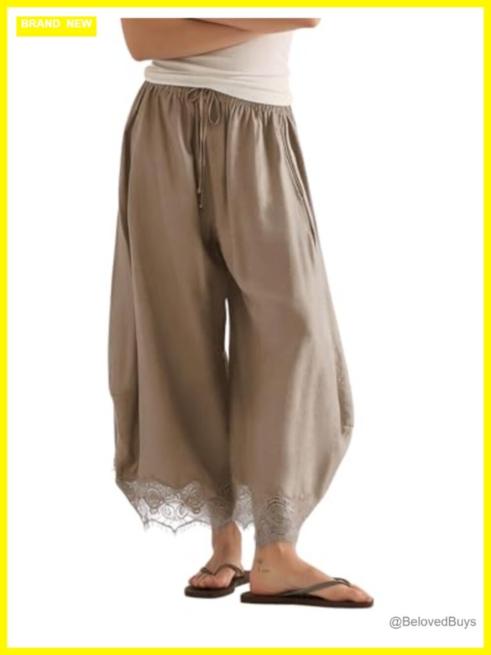 Cropped Lace Hem High Waist Wide Leg Pants Drawstring Elastic Waist Side Pockets